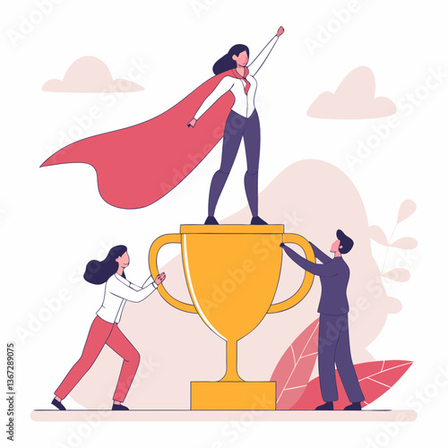 Empowered woman standing atop symbolic trophy, supported by collaborative team
