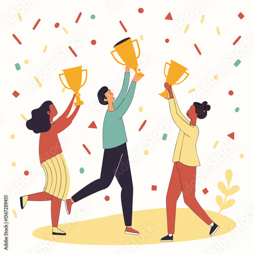 Celebrating success, winners holding golden trophies under confetti shower, teamwork