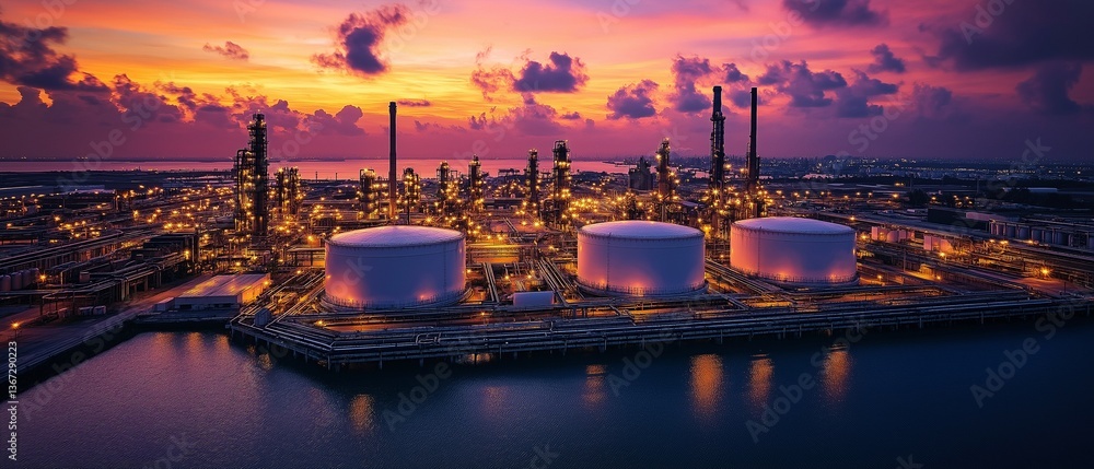 Obraz premium An industrial oil refinery including enormous storage tanks and a sophisticated system of steel pipelines