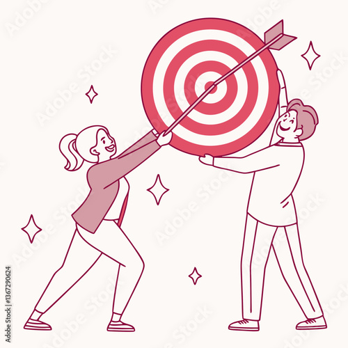 Collaborative team achieving target with precise dart impact on center bullseye