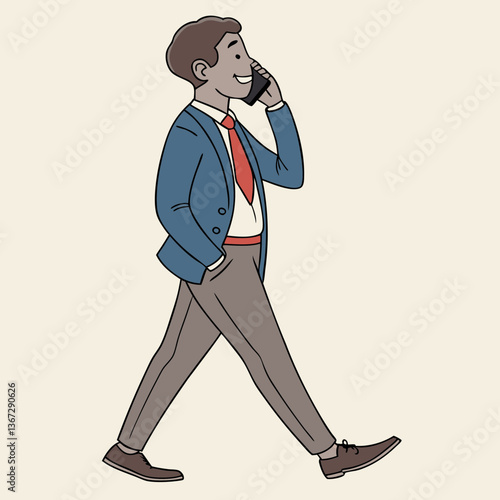 Cartoon depiction of a businessman using mobile phone during a leisurely walk