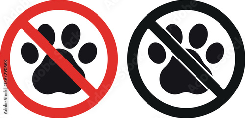 No dog icon set in black and red colors . No pets sign . No animals allowed sign . Vector illustration