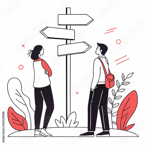 Navigating future paths decision making with directional signpost and thoughtful figures