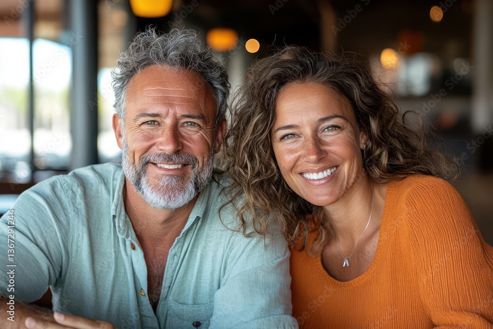 Smiling couple portrait indoors with warm lighting showing contentment a woman in orange top and man in light green shirt both with gray hair Smiling couple portrait indoors with warm lighting showing contentment a woman in orange top and man in light green shirt both with gray hair