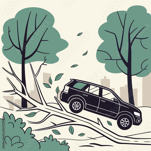 Vehicle stuck on a fallen tree branch after strong wind in the city