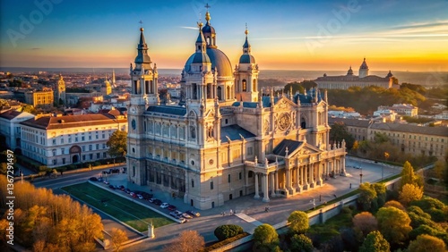 Aerial View of Almudena Cathedral, Madrid, Spain: Majestic Architecture and Cityscape