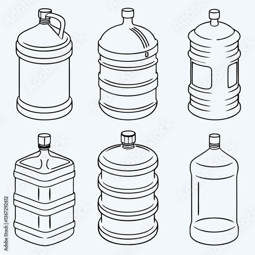 Diverse collection of water bottle designs showcased in minimalist linear illustration