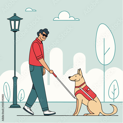 Visually impaired man guided by a service dog navigating an urban park setting