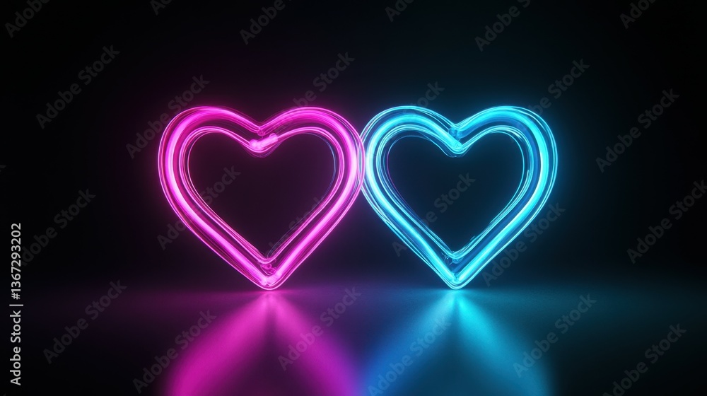 3D Render Abstract Pink/Blue Neon Light Drawing of a Couple of Hearts: Romantic Symbols Isolated on Black Background, Glowing Single Line Art in a Modern Minimal Concept for Festive Valentine's Day 3D Render Abstract Pink/Blue Neon Light Drawing of a Couple of Hearts: Romantic Symbols Isolated on Black Background, Glowing Single Line Art in a Modern Minimal Concept for Festive Valentine's Day