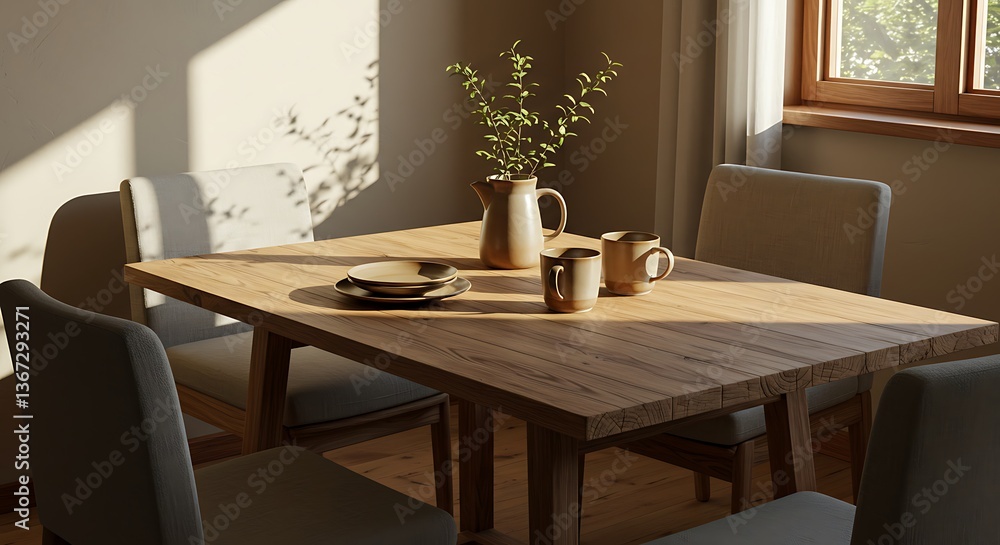 Dining Table Scene with Warm Light, Plates, Mugs, and Natural Elements Dining Table Scene with Warm Light, Plates, Mugs, and Natural Elements