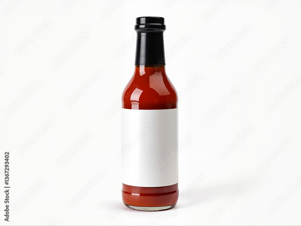 A glass bottle with a black cap is filled with a rich red sauce. The bottle features a blank label, making it perfect for branding opportunities. Ideal for culinary scenes or product showcases A glass bottle with a black cap is filled with a rich red sauce. The bottle features a blank label, making it perfect for branding opportunities. Ideal for culinary scenes or product showcases