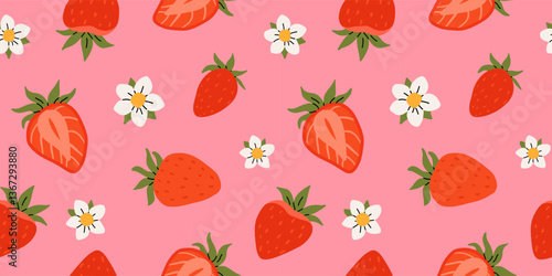Strawberry flat vector seamless pattern. Summer drinks, sweets and desserts with taste of strawberries. Chocolate strawberry, cookie, sandwich, mochi, cheesecake, tanghulu.