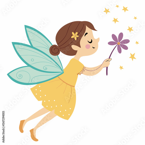 Enchanting fairy distributing stardust in whimsical flight, a joyful scene