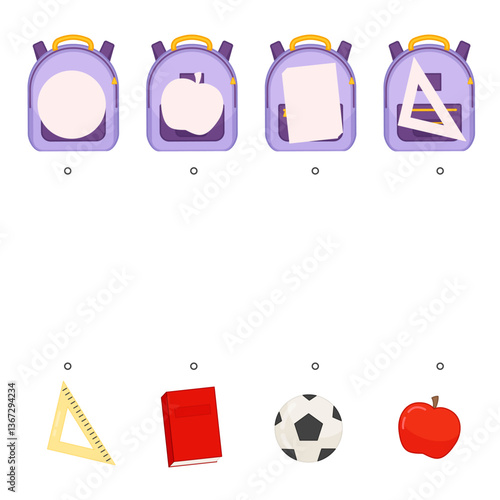 Educational  game for children. Find the right shadow. Kids activity with school backpack.