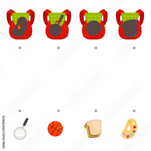 Educational  game for children. Find the right shadow. Kids activity with school backpack.