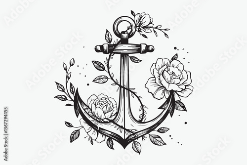 anchor flowers Black and White Vector