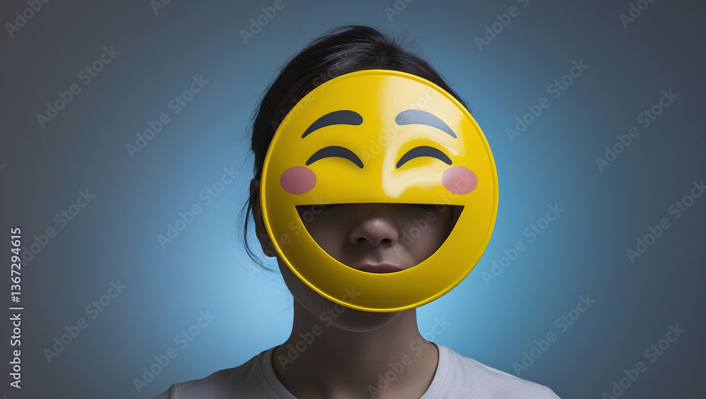 Happy Mask in Front of a Distressed Face – Symbolizing Concealed Emotions and Mental Health Struggles Happy Mask in Front of a Distressed Face – Symbolizing Concealed Emotions and Mental Health Struggles