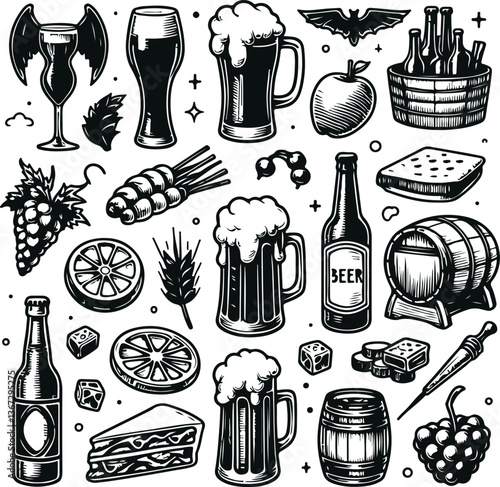 Iconic Beer Brewery Process And Beverages Equipment Black Filled Vector Illustration Design On White Background