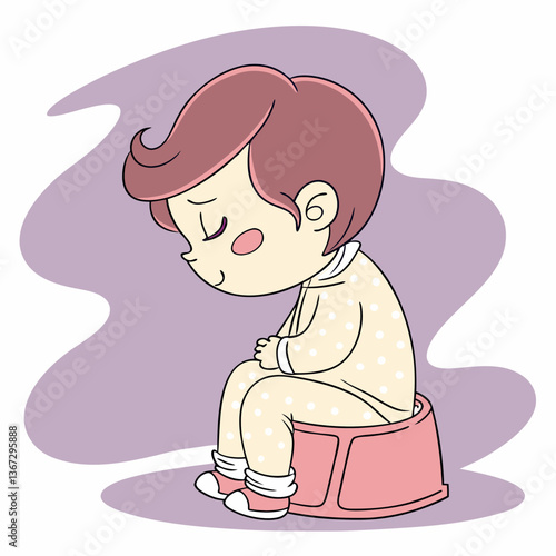 A sad cartoon toddler practicing potty training with lavender background