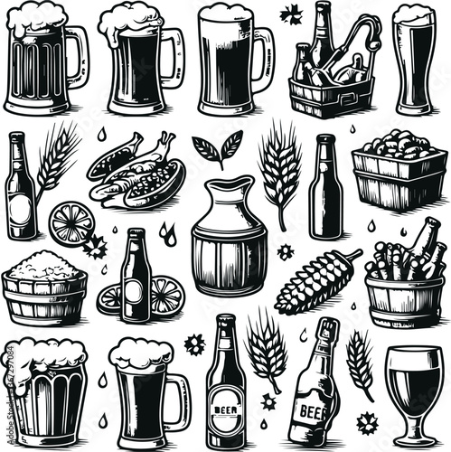 Iconic Beer Brewery Process And Beverages Equipment Black Filled Vector Illustration Design On White Background