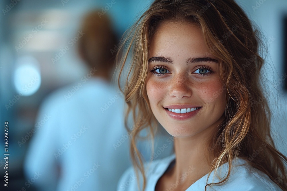 Obraz premium A woman leaves the dentist's office with a happy expression.