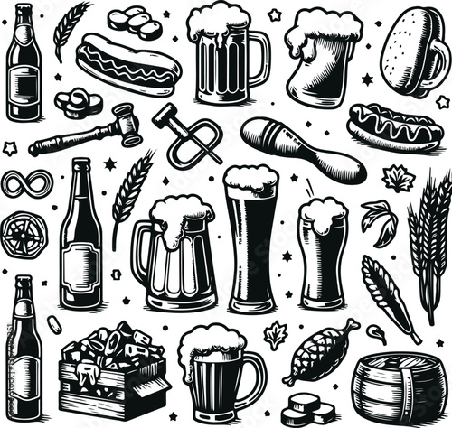 Iconic Beer Brewery Process And Beverages Equipment Black Filled Vector Illustration Design On White Background