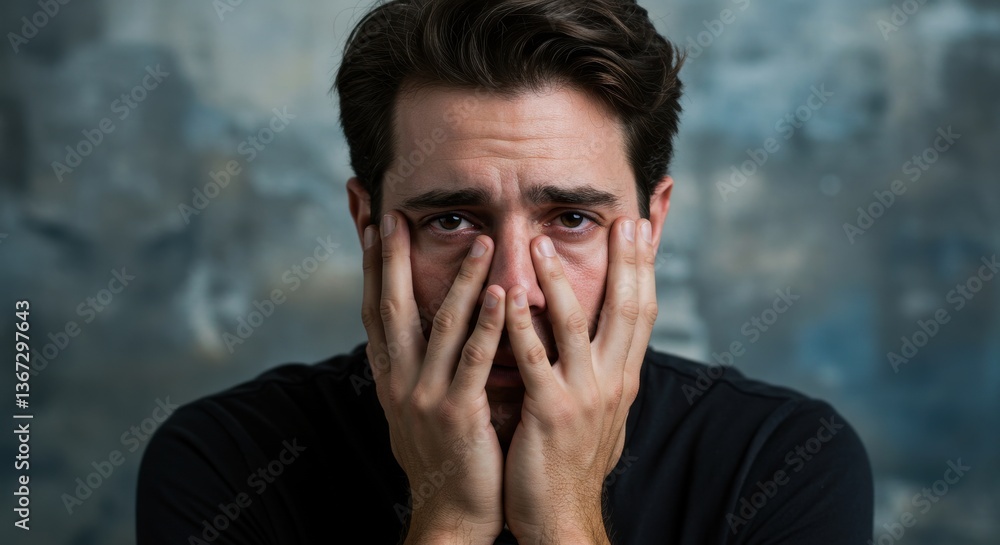 Emotional man expressing distress with hands on face against a blurred background Emotional man expressing distress with hands on face against a blurred background