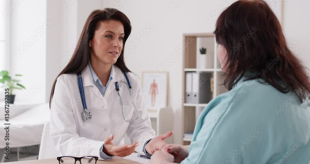 Female doctor consulting overweight lady, health care professional woman treat, help recommending. Patient handshake agreement or farewell, accepting support, advice, instruction to improve body, mind Female doctor consulting overweight lady, health care professional woman treat, help recommending. Patient handshake agreement or farewell, accepting support, advice, instruction to improve body, mind
