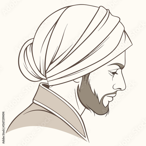 Elegant line drawing of a middle eastern man with traditional headwear
