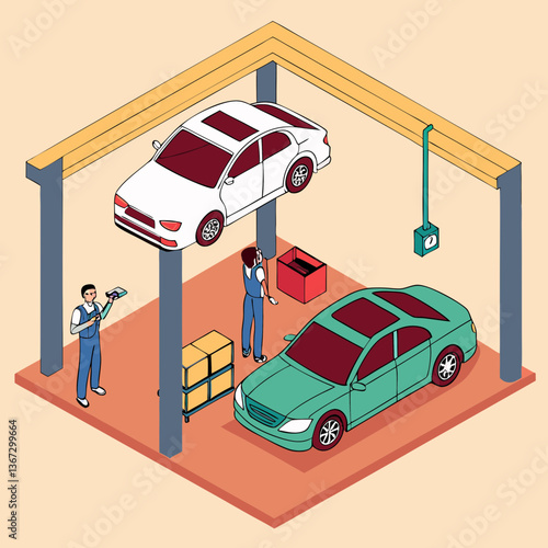 Isometric Automotive Garage Scene with Cars and Mechanics at Work on Vehicle Maintenance