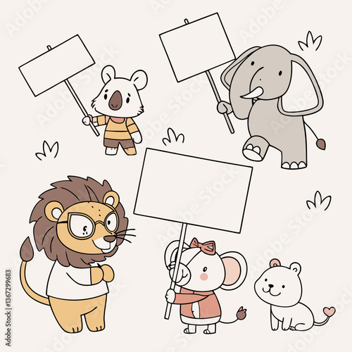 Whimsical Animal Delegation Holding Blank Signs Cartoon Illustration on Beige