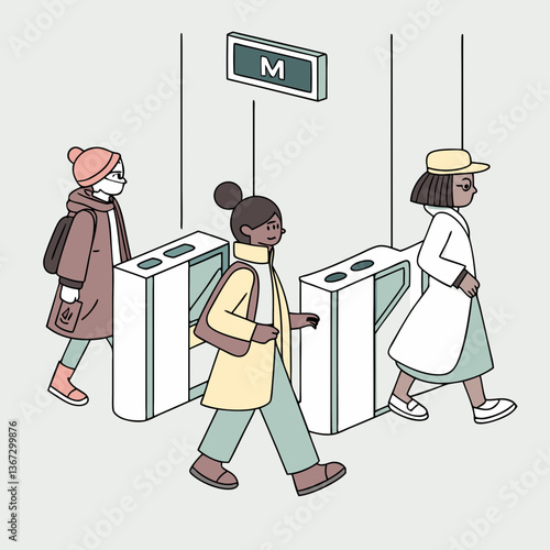 Stylized illustration showcasing diverse individuals passing through a modern subway entrance