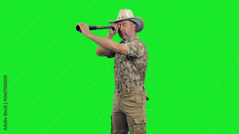 Cinematic style of ranger in camouflage uniform with cowboy hat gazing into far horizon through telescope on green chroma key background, 4k pre-keyed footage Cinematic style of ranger in camouflage uniform with cowboy hat gazing into far horizon through telescope on green chroma key background, 4k pre-keyed footage
