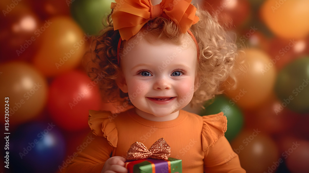 Photo Of A Smiling Toddler In Orange Dress Holding Present Against Colorful Balloons Photo Of A Smiling Toddler In Orange Dress Holding Present Against Colorful Balloons