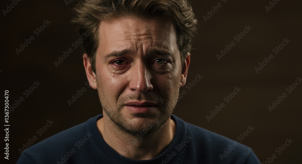 Emotional close-up of a man in despair, with tears in his eyes, against a dark background Emotional close-up of a man in despair, with tears in his eyes, against a dark background
