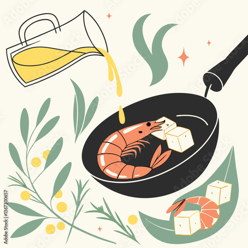 Culinary creation: shrimp and tofu sizzle in a pan, bathed in liquid gold