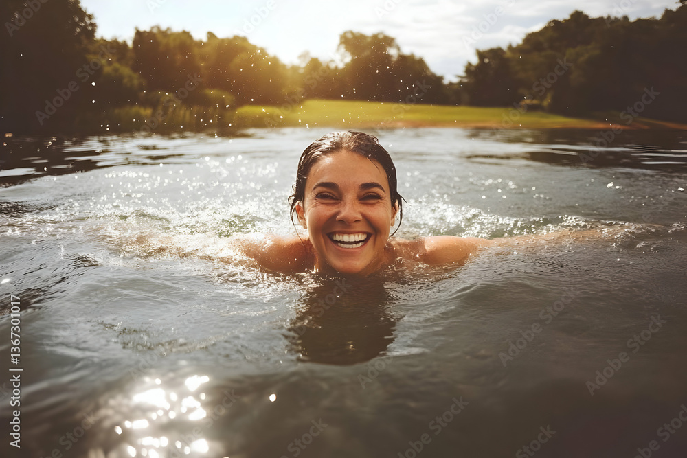 Obraz premium Photo of a Smiling Woman Swimming in a Lake with Sunlight and Water