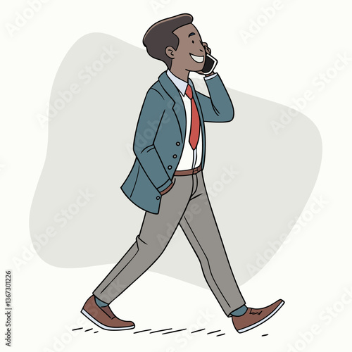 Animated businessman strides forward while connecting via mobile communication technology