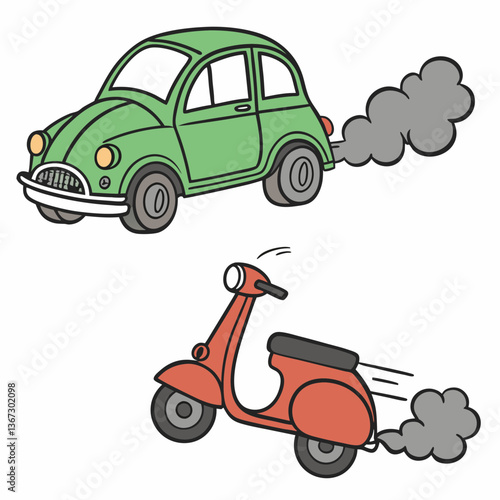 Illustrated cartoon vehicles emitting pollutants, portraying transportation impact