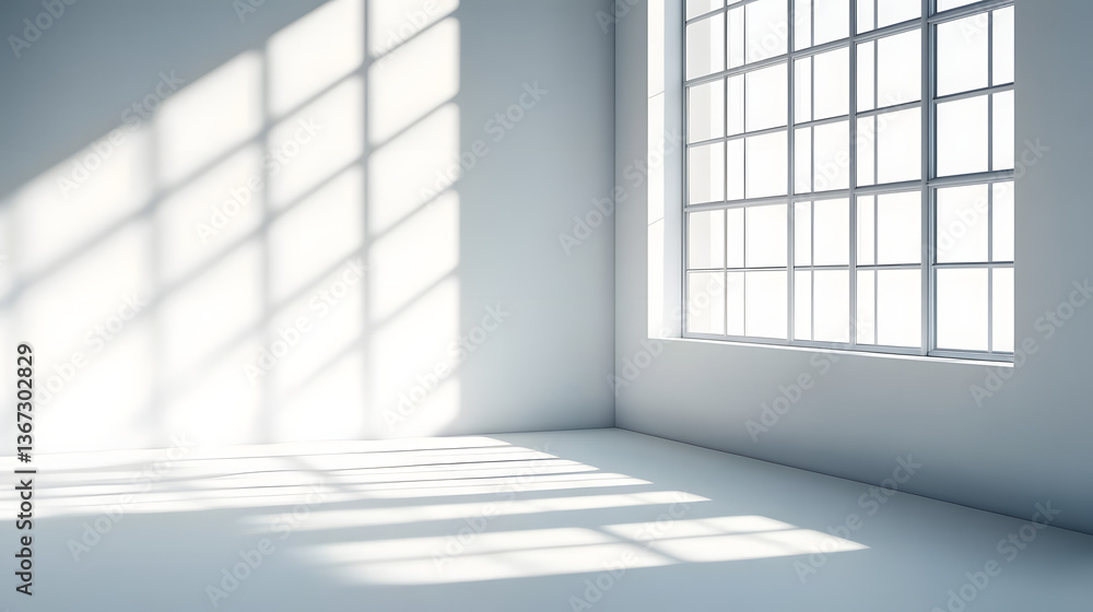 A clean, white room with sunlight streaming in through the window, casting shadows on an empty wall A clean, white room with sunlight streaming in through the window, casting shadows on an empty wall