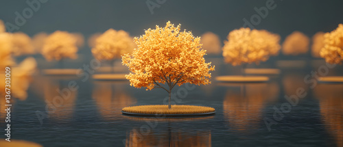Serene Autumn Landscape with Vibrant Golden Trees Reflected on Still Water Surrounded by Lush Green Grass