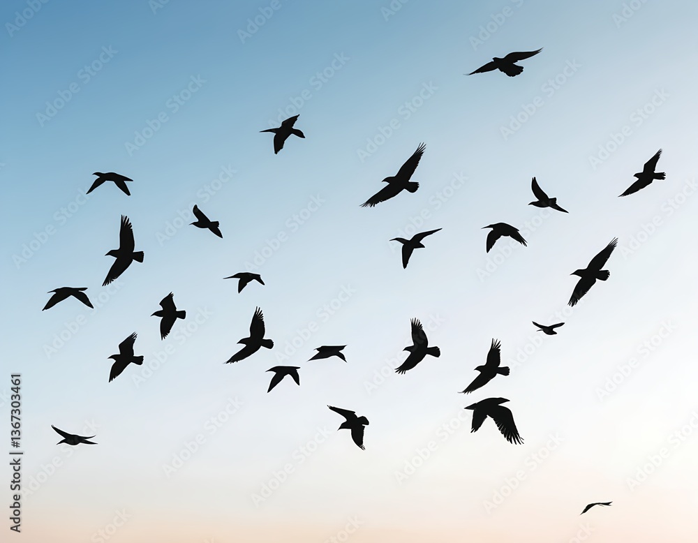 Fototapeta premium Flock of Birds in Flight at Sunset