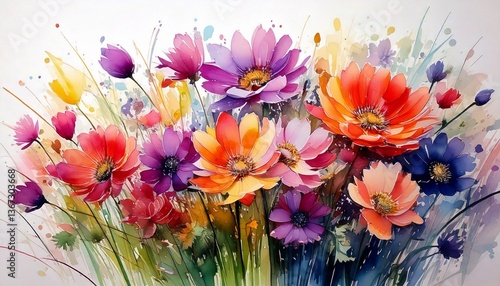 Wallpaper Mural Colorful full flowers, aquarelle illustration Torontodigital.ca