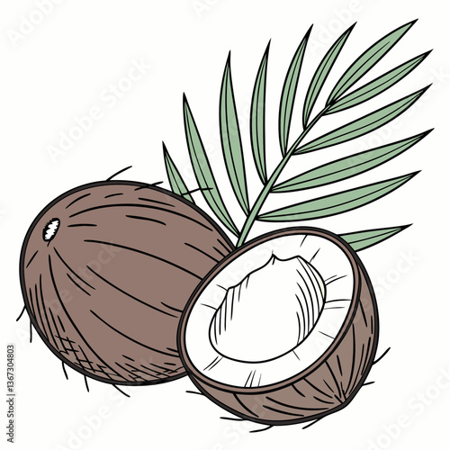 Tropical coconut halves, showcasing vibrant botanical line art presentation