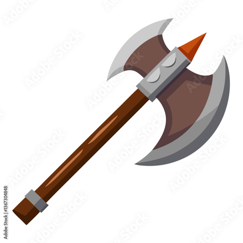 a medieval double-bladed axe with a brown wooden handle no background