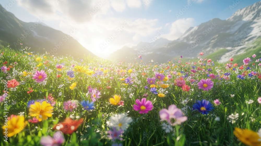 A vibrant field of colorful flowers under a sunny sky and mountains. A vibrant field of colorful flowers under a sunny sky and mountains.