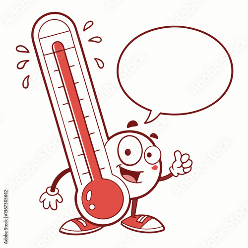 Anthropomorphic thermometer mascot conveying intense heat with speech bubble space