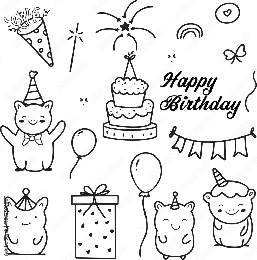 Fototapeta premium Happy Birthday Doodle Set