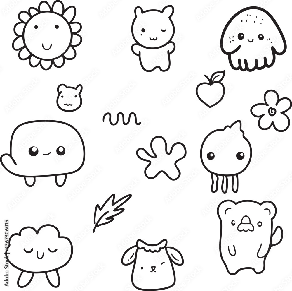 Fototapeta premium Cute doodle abstract animals and various objects set