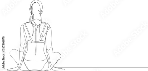 Woman in swimsuit sitting continuous one line drawing, rear view. Woman in mediation minimalist trendy line art. Contour vector illustration.